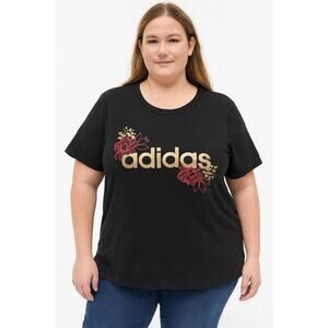 Adidas Women’s XL Black T-Shirt Gold Floral Logo Casual Active Tee